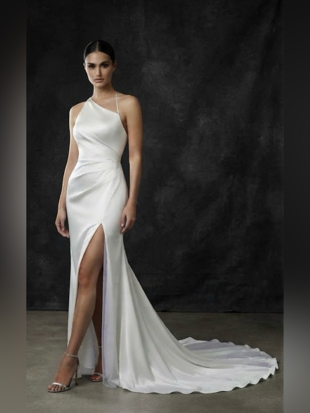 Stunning Custom One-Shoulder Satin Wedding Gown High Slit Train Modern Bridal